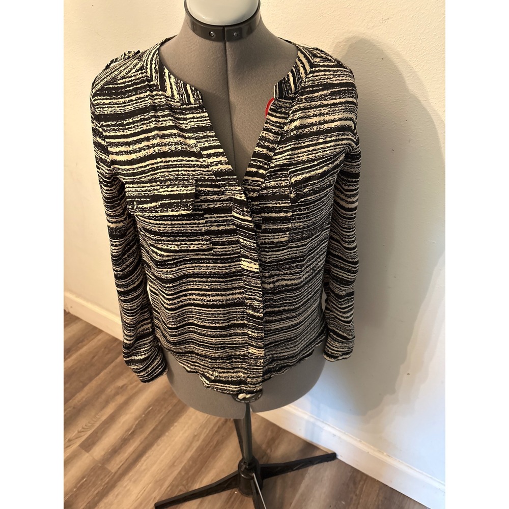 Collective Concepts Black White Abstract Stripe Split Neck Blouse Top XS
